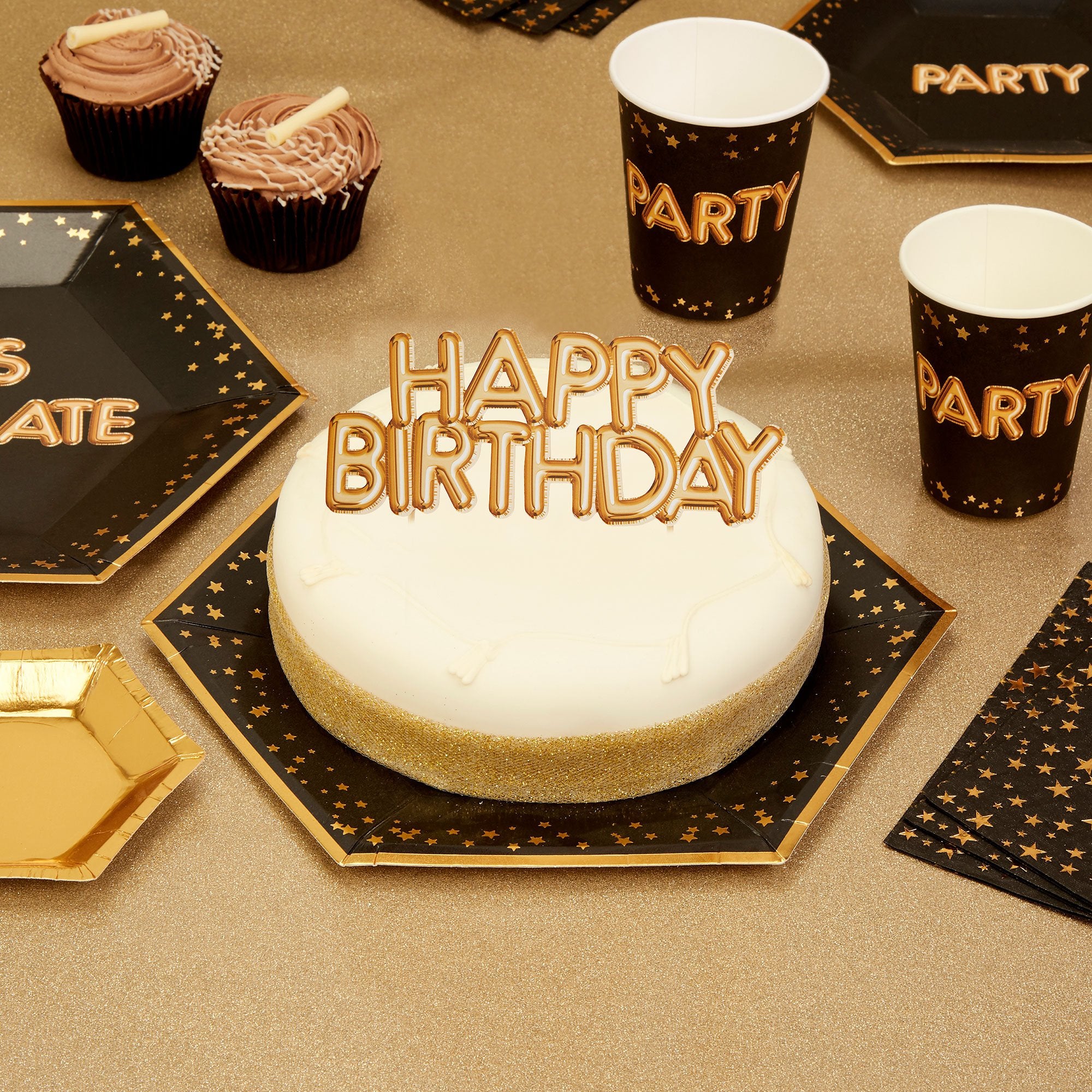 Happy Birthday - Black & Gold Cake Topper