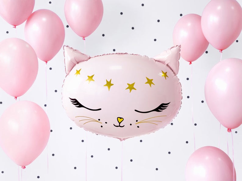 Large pink cat helium balloon with small pink balloons