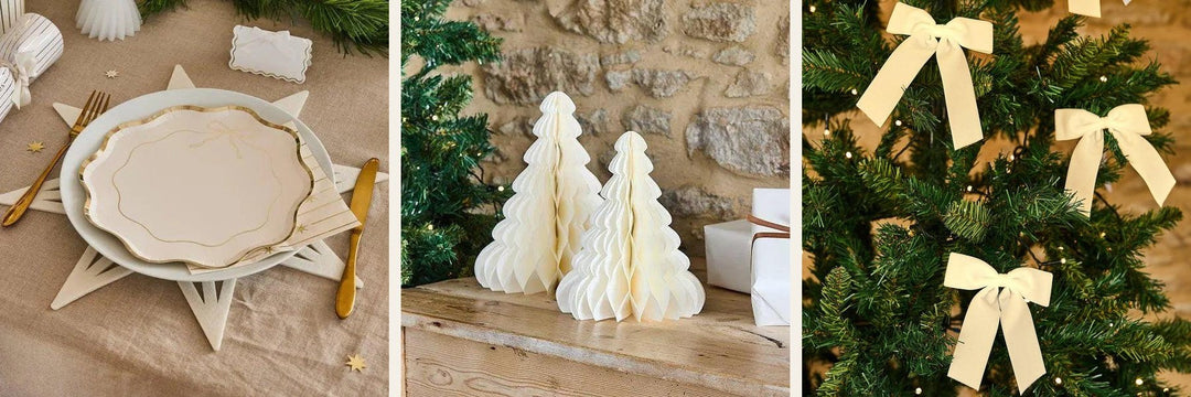 White Christmas styling with a gold bow table setting, cream honeycomb trees and velvet bows on a Christmas tree
