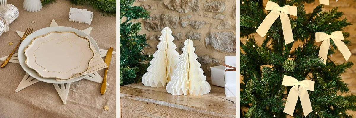 White Christmas styling with a gold bow table setting, cream honeycomb trees and velvet bows on a Christmas tree
