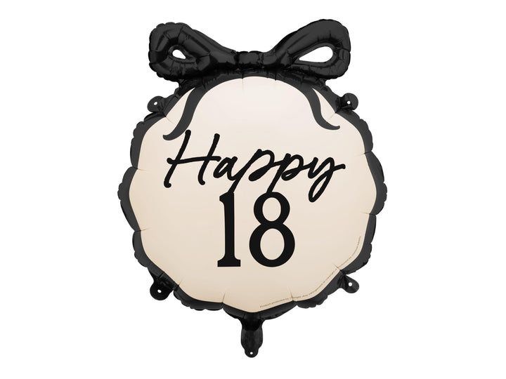 18th Birthday Balloon – Black & Cream Happy 18 Foil Balloon - Coquette Theme With Scallop Edge And Bow - Inflate With Helium Or Air - Jolie Fete UK