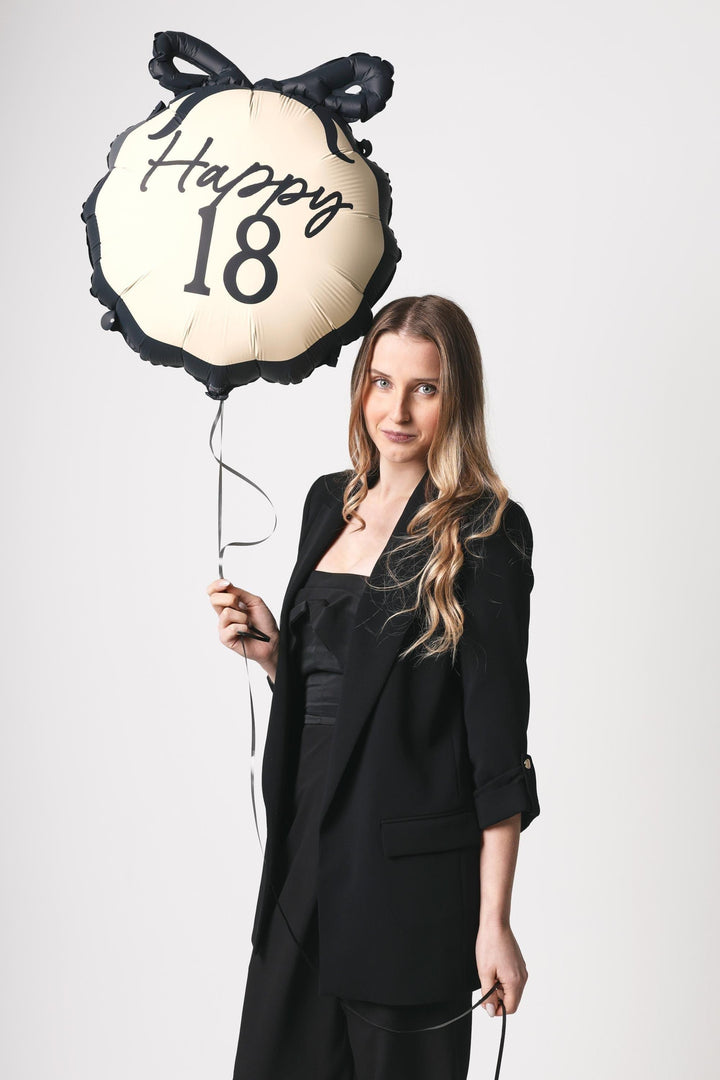 18th Birthday Balloon – Black & Cream Happy 18 Foil Balloon - Coquette Theme With Scallop Edge And Bow - Inflate With Helium Or Air - Jolie Fete UK