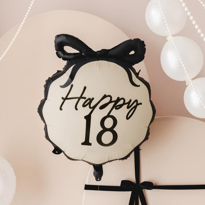 18th Birthday Balloon – Black & Cream Happy 18 Foil Balloon - Coquette Theme With Scallop Edge And Bow - Inflate With Helium Or Air - Jolie Fete UK