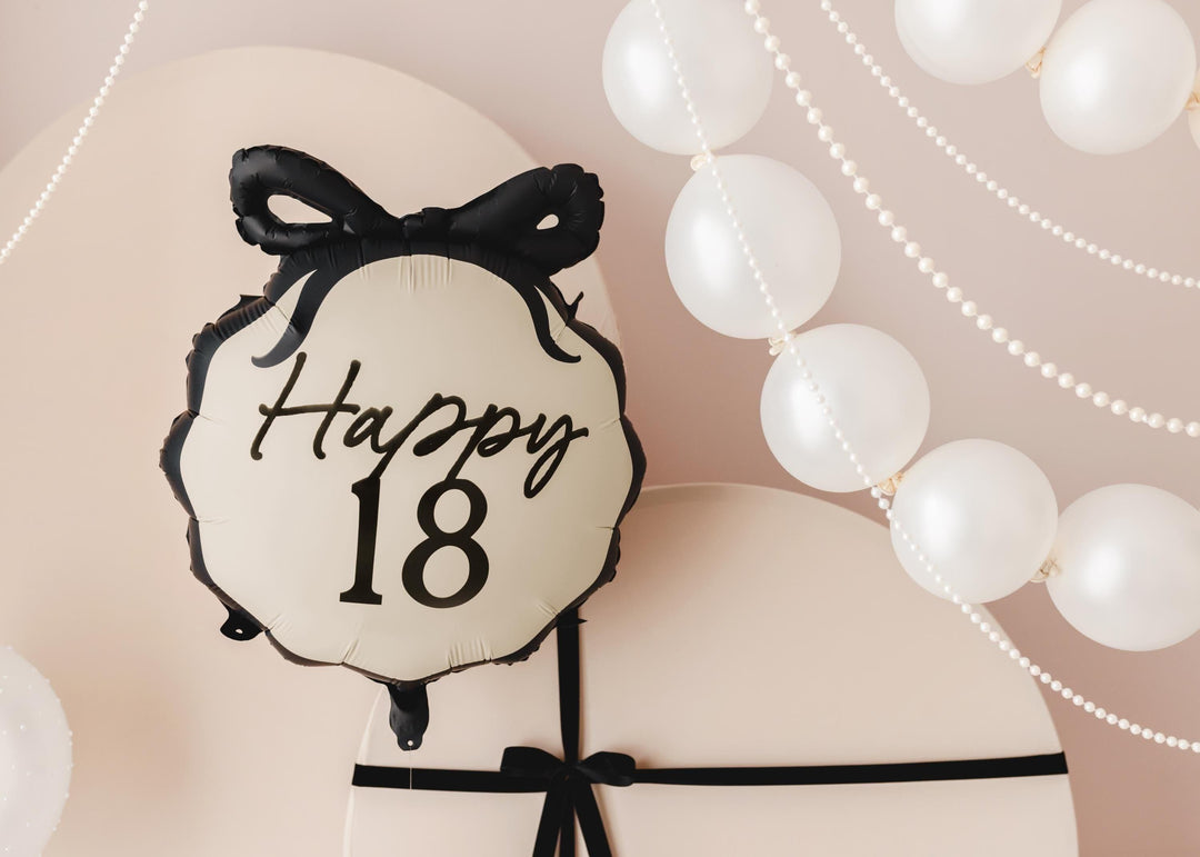 18th Birthday Balloon – Black & Cream Happy 18 Foil Balloon - Coquette Theme With Scallop Edge And Bow - Inflate With Helium Or Air - Jolie Fete UK