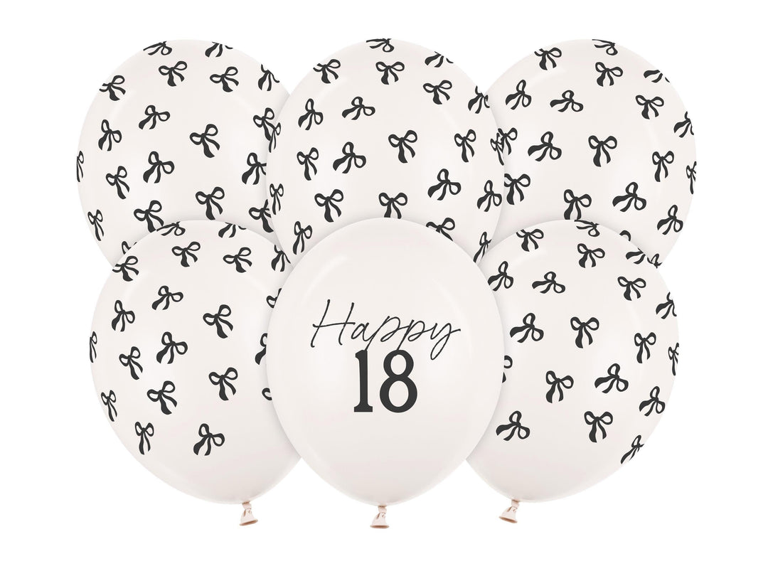 18th Birthday Balloons - Black Bows & Off White Happy 18 Balloon Pack - Coquette Theme - Inflate With Helium Or Air - Pack Of 6 - Jolie Fete UK