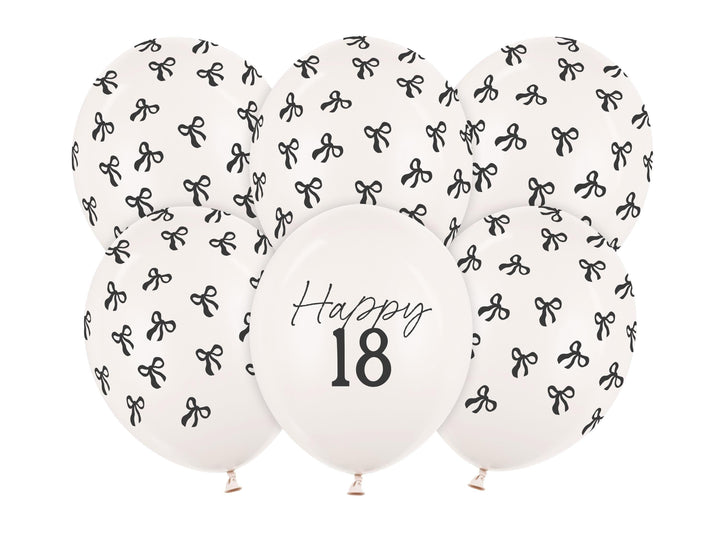 18th Birthday Balloons - Black Bows & Off White Happy 18 Balloon Pack - Coquette Theme - Inflate With Helium Or Air - Pack Of 6 - Jolie Fete UK