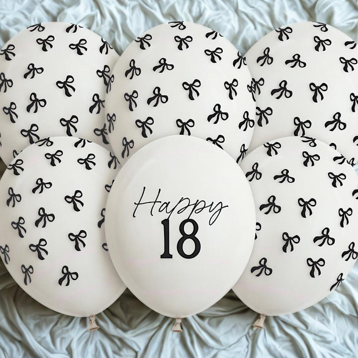 18th Birthday Balloons - Black Bows & Off White Happy 18 Balloon Pack - Coquette Theme - Inflate With Helium Or Air - Pack Of 6 - Jolie Fete UK