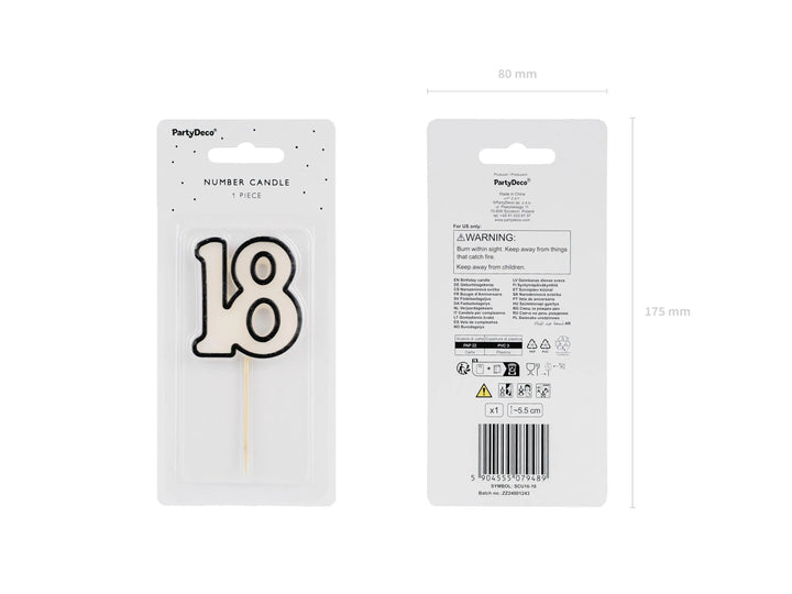 18th Birthday Cake Candle – Milestone Number Candle - Monochrome Black & White - Modern Cake Topper for 18 Birthday Party - Cake Decoration - Jolie Fete UK