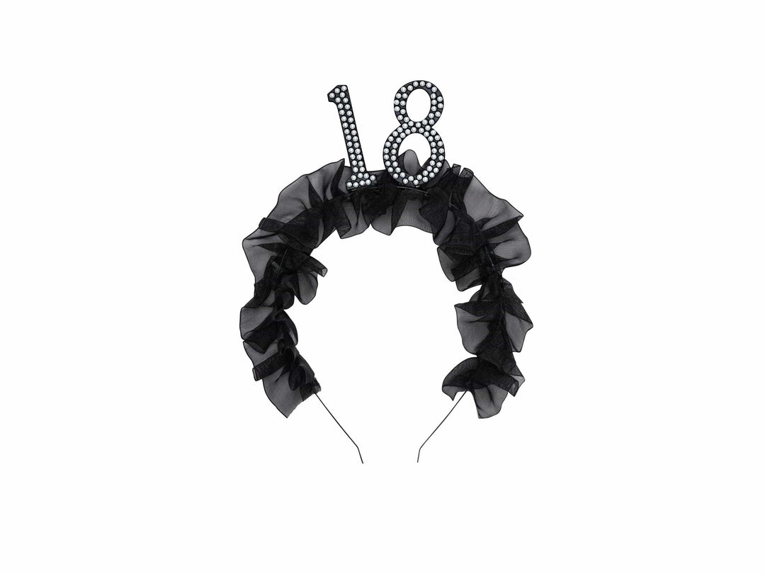 18th Birthday Headband – Black Ruffle Hairband With Pearl 18 - Luxury Birthday Crown for Eighteenth Birthday - Elegant Party Accessory - Jolie Fete UK