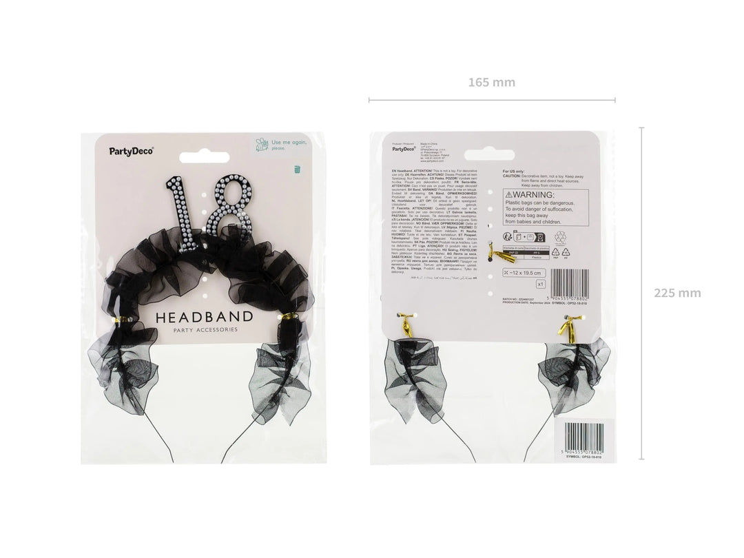 18th Birthday Headband – Black Ruffle Hairband With Pearl 18 - Luxury Birthday Crown for Eighteenth Birthday - Elegant Party Accessory - Jolie Fete UK