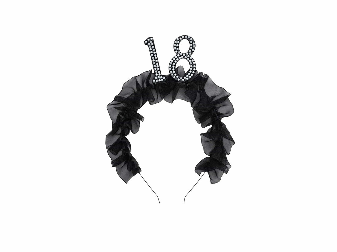 18th Birthday Headband – Black Ruffle Hairband With Pearl 18 - Luxury Birthday Crown for Eighteenth Birthday - Elegant Party Accessory - Jolie Fete UK