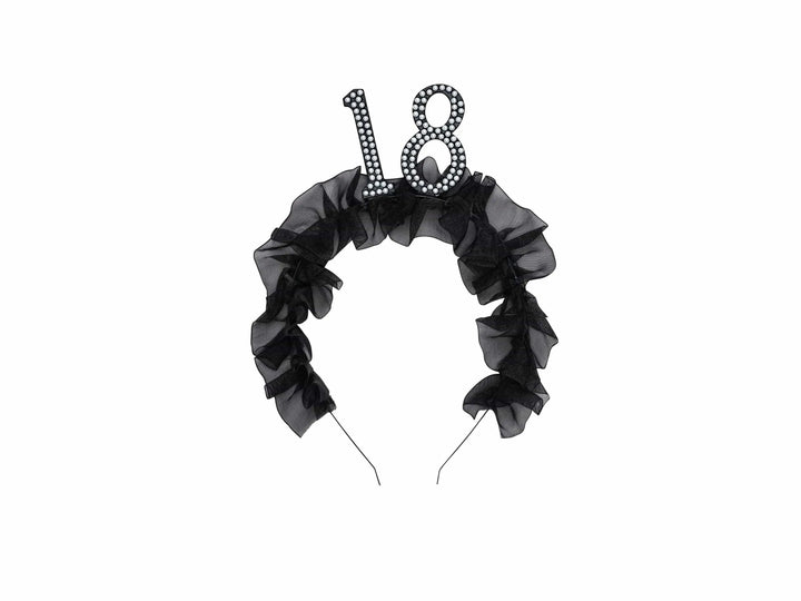 18th Birthday Headband – Black Ruffle Hairband With Pearl 18 - Luxury Birthday Crown for Eighteenth Birthday - Elegant Party Accessory - Jolie Fete UK