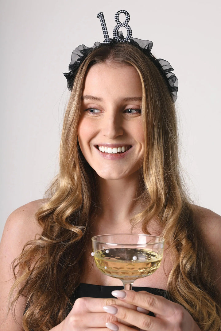 18th Birthday Headband – Black Ruffle Hairband With Pearl 18 - Luxury Birthday Crown for Eighteenth Birthday - Elegant Party Accessory - Jolie Fete UK