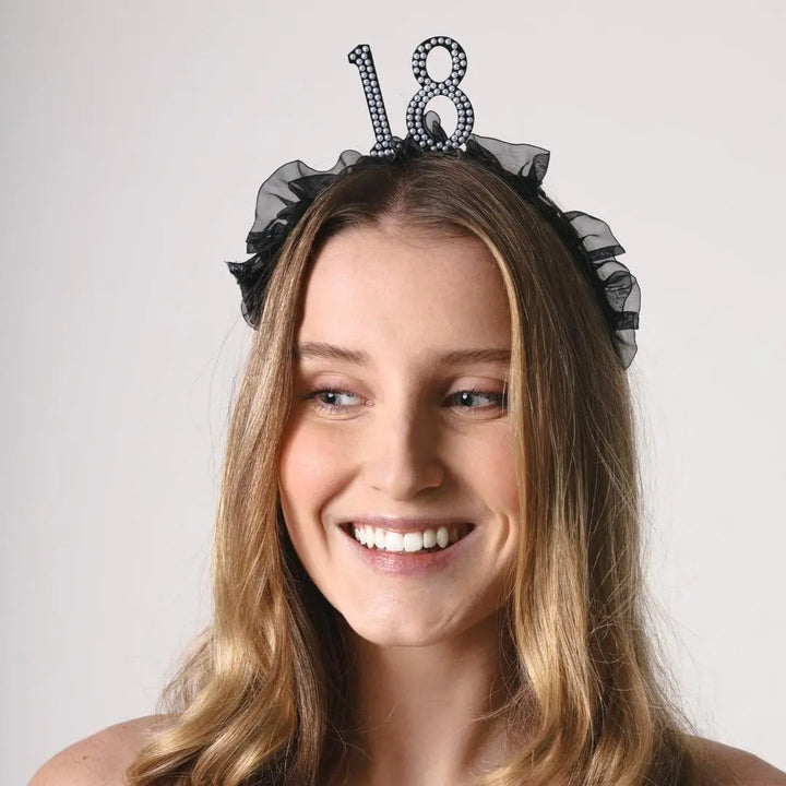 18th Birthday Headband – Black Ruffle Hairband With Pearl 18 - Luxury Birthday Crown for Eighteenth Birthday - Elegant Party Accessory - Jolie Fete UK