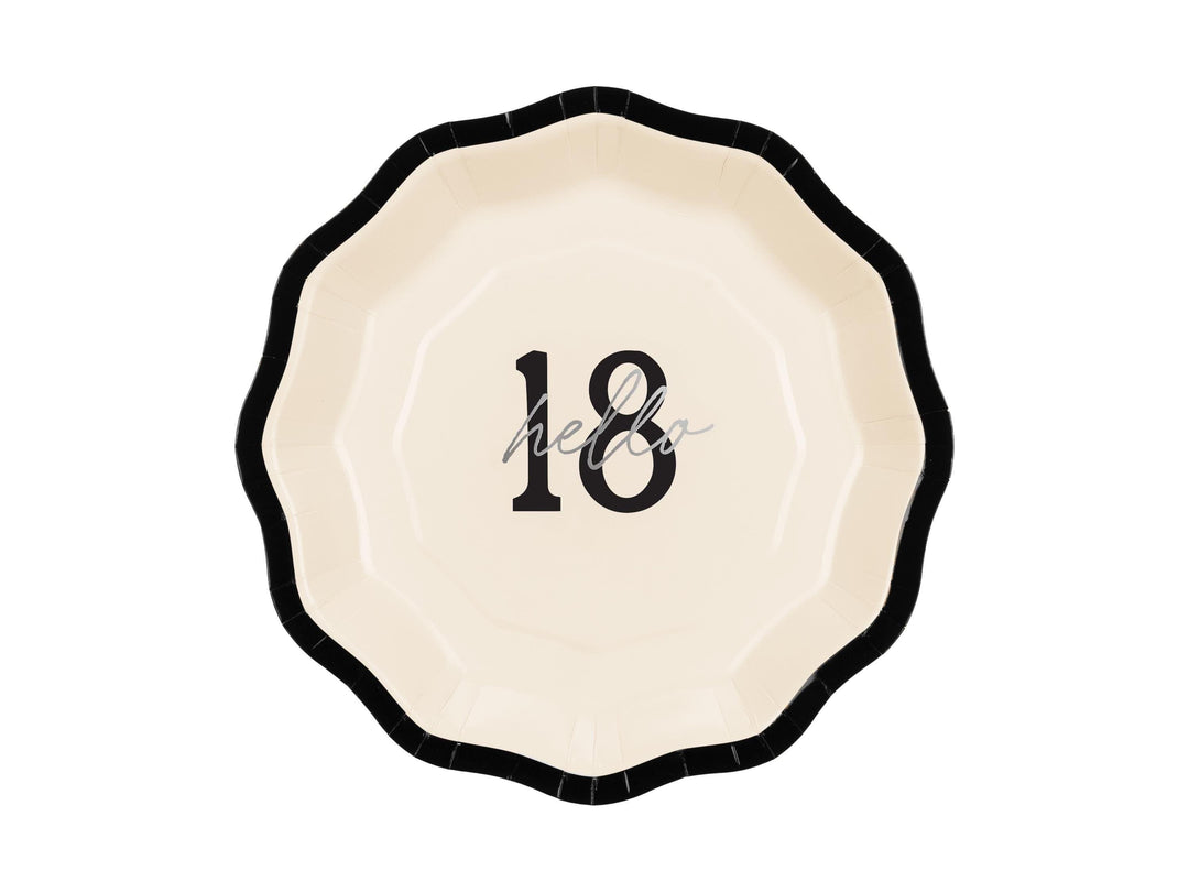 18th Birthday Paper Plates - Hello 18 Milestone Birthday-Cream & Black Party Paper Plates-Modern Party Tableware for 18th Birthday-Pack Of 6 - Jolie Fete UK