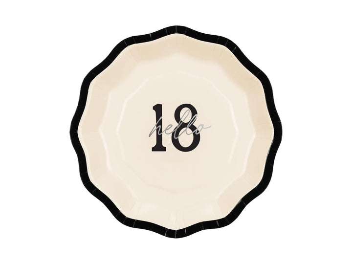 18th Birthday Paper Plates - Hello 18 Milestone Birthday-Cream & Black Party Paper Plates-Modern Party Tableware for 18th Birthday-Pack Of 6 - Jolie Fete UK