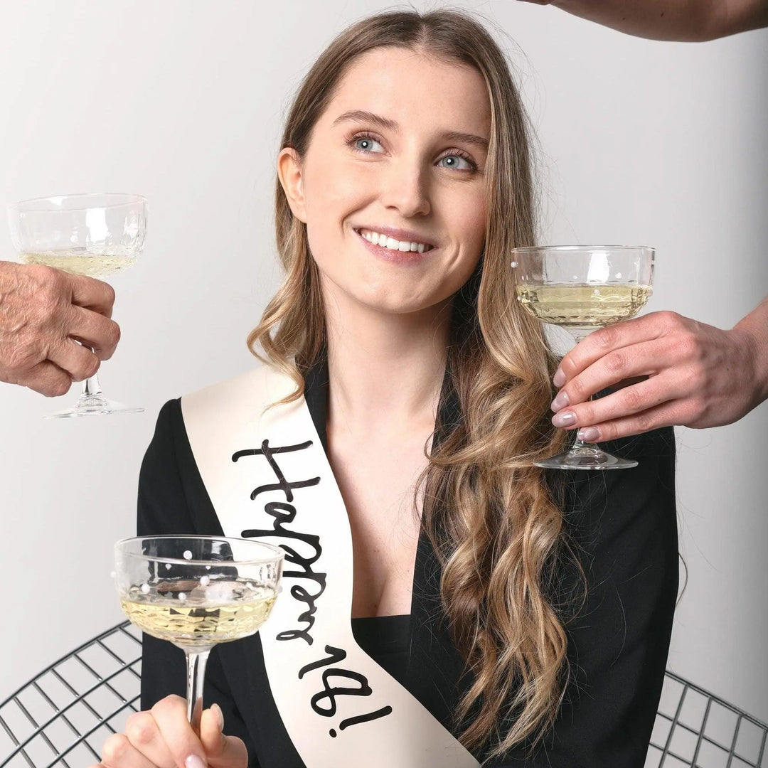 18th Birthday Sash With Velvet Ribbon – Paper Happy 18! Milestone Sash - Black Script - Black and Cream Birthday Accessory for 18th Birthday - Jolie Fete UK