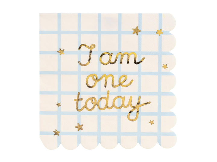 1st Birthday Paper Napkins - I Am One Today Napkins - Blue Grid & Gold - Scalloped Edge - Boys First Birthday Party Tableware - Pack of 12 - Jolie Fete UK
