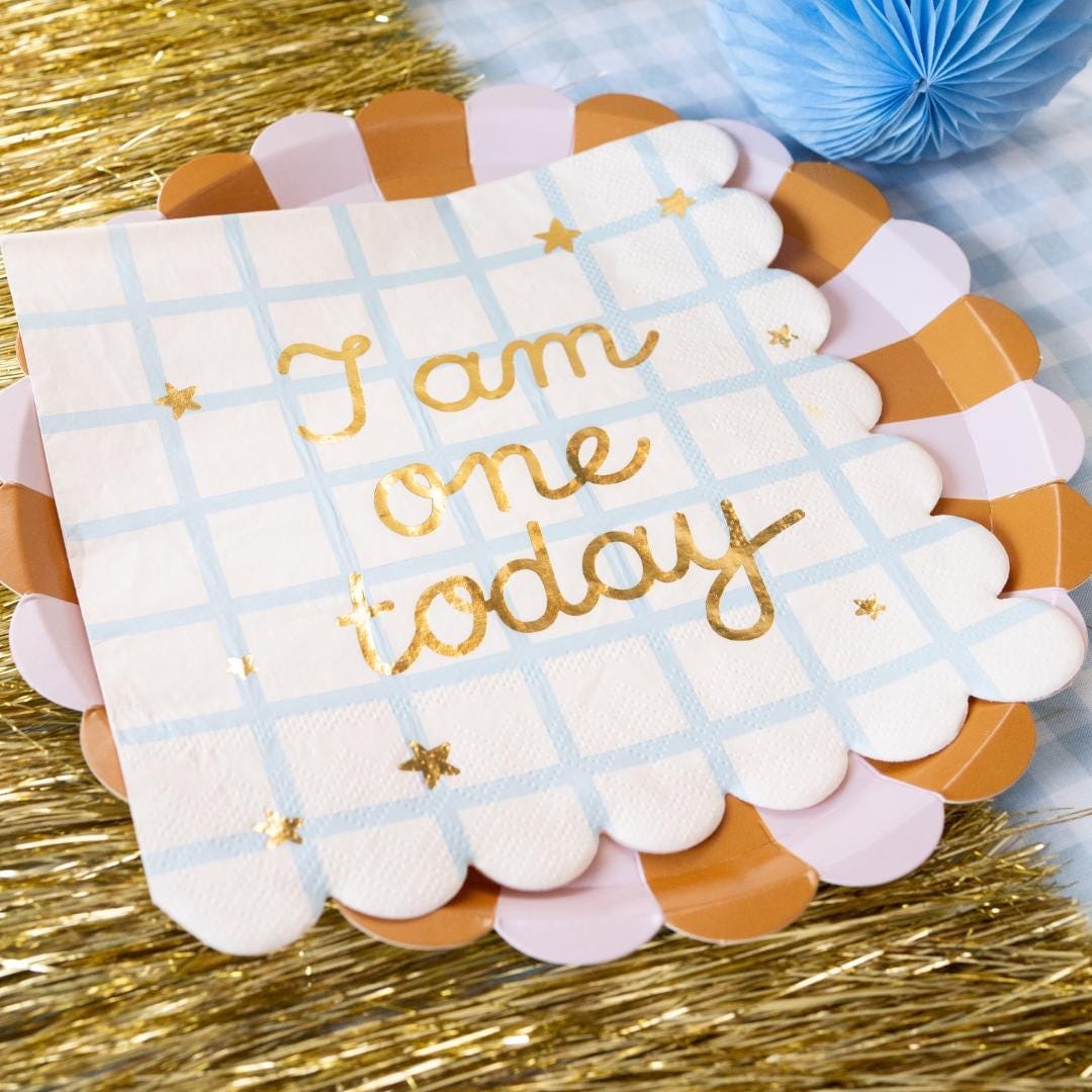 1st Birthday Paper Napkins - I Am One Today Napkins - Blue Grid & Gold - Scalloped Edge - Boys First Birthday Party Tableware - Pack of 12 - Jolie Fete UK
