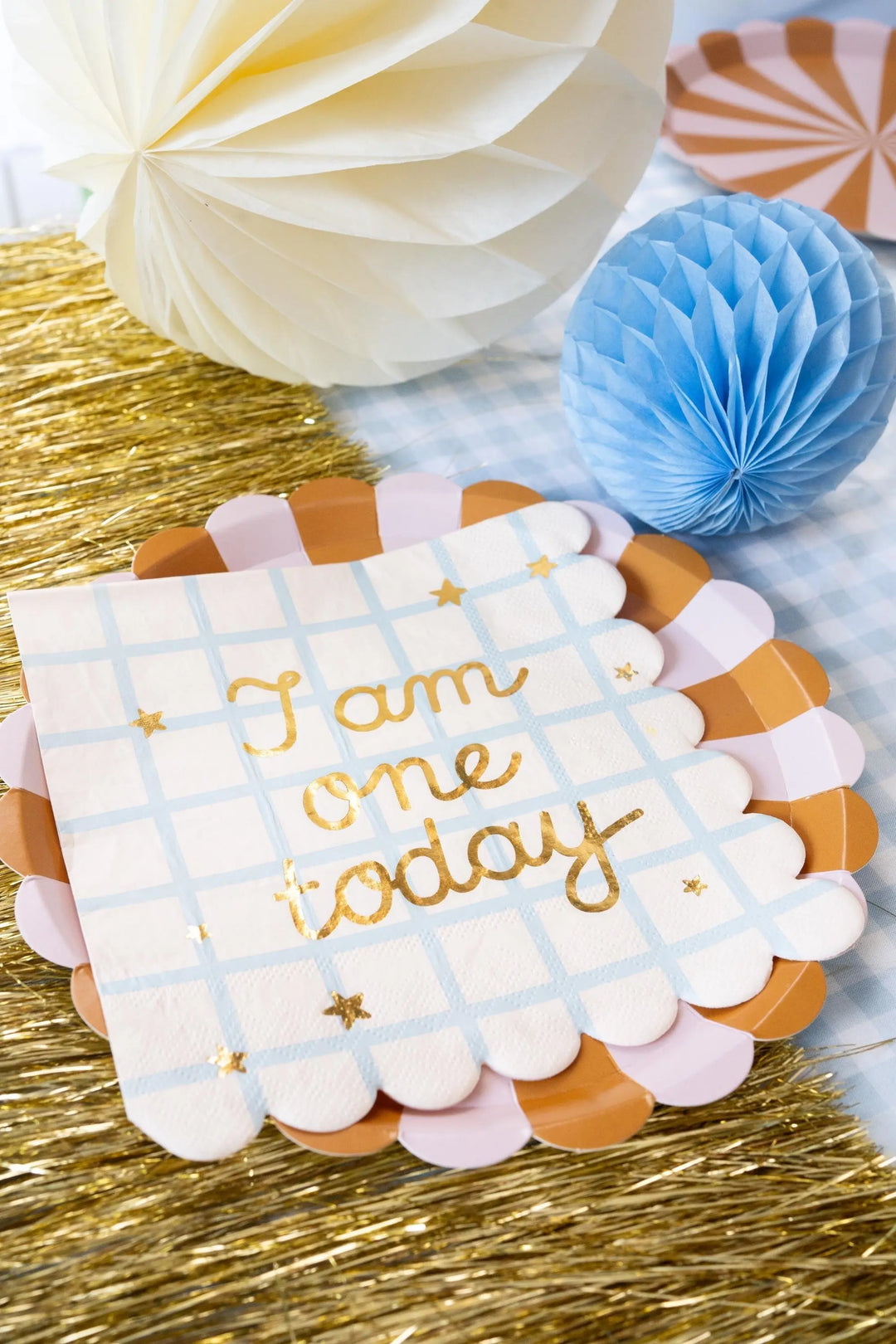 1st Birthday Paper Napkins - I Am One Today Napkins - Blue Grid & Gold - Scalloped Edge - Boys First Birthday Party Tableware - Pack of 12 - Jolie Fete UK
