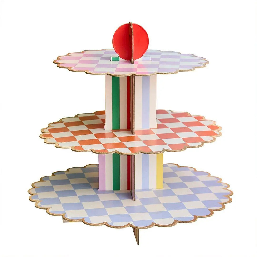 Cake Stand - 3 Tier Cupcake Display Tower - Rainbow Party Tableware - Geometric Treat Stand - Kids Birthday Food Display -Bright Party Decor - Jolie Fete UK