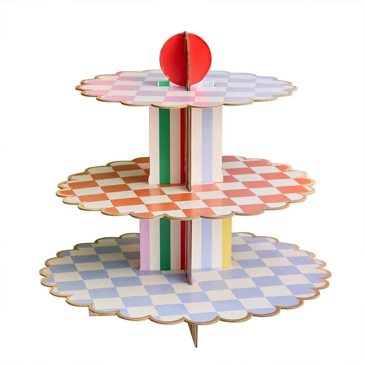 Cake Stand - 3 Tier Cupcake Display Tower - Rainbow Party Tableware - Geometric Treat Stand - Kids Birthday Food Display -Bright Party Decor - Jolie Fete UK