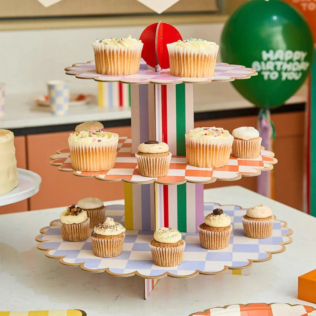 Cake Stand - 3 Tier Cupcake Display Tower - Rainbow Party Tableware - Geometric Treat Stand - Kids Birthday Food Display -Bright Party Decor - Jolie Fete UK
