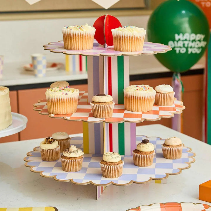 Cake Stand - 3 Tier Cupcake Display Tower - Rainbow Party Tableware - Geometric Treat Stand - Kids Birthday Food Display -Bright Party Decor - Jolie Fete UK