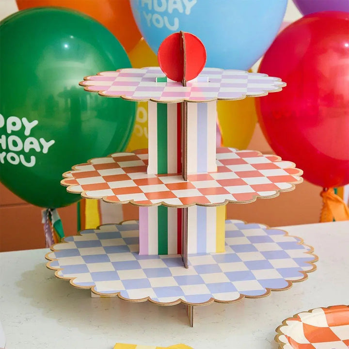 Cake Stand - 3 Tier Cupcake Display Tower - Rainbow Party Tableware - Geometric Treat Stand - Kids Birthday Food Display -Bright Party Decor - Jolie Fete UK