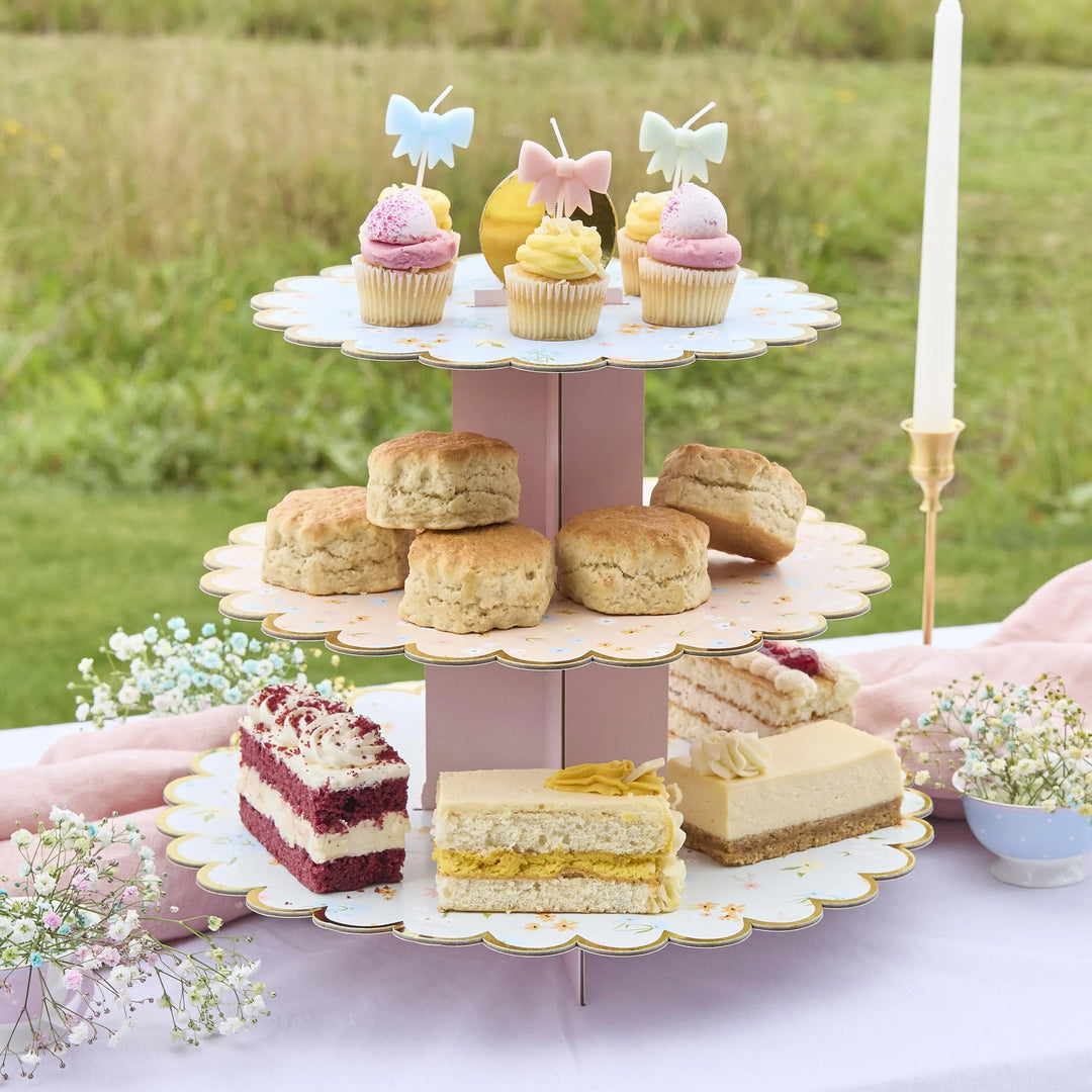 Floral Cake Stand - 3 Tier Cardboard Cupcake Stand for Afternoon Tea - Vintage Tea Party Decorations - Hen Party, Baby Shower & Garden Party - Jolie Fete UK