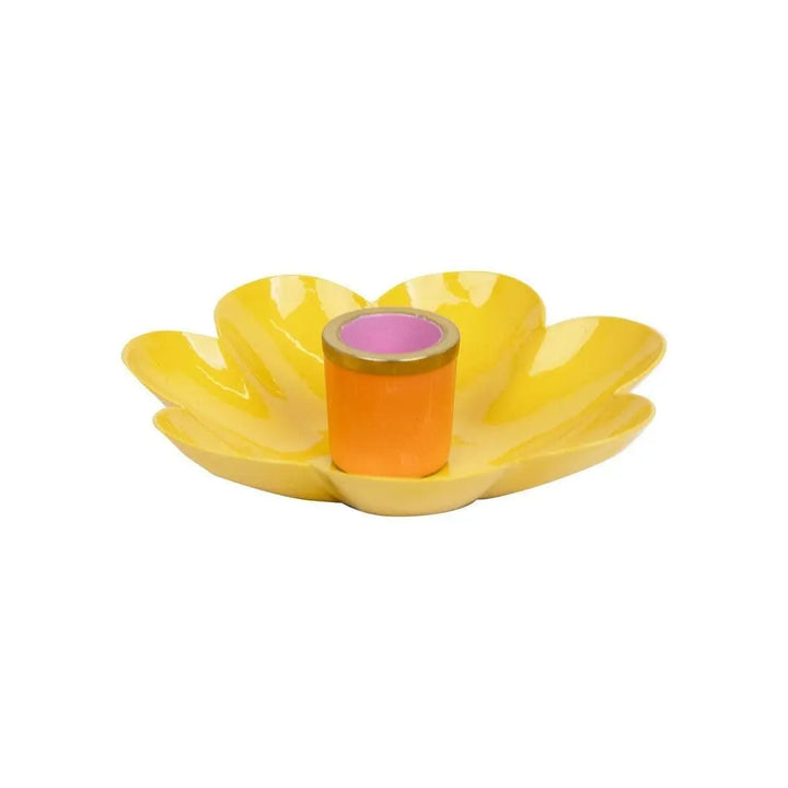 3 x Enamel Flower Shaped Candle Holders - Pastel Pink, Yellow & Blue Bloom Candlesticks - Retro Table Decor - Spring Party Supplies - Jolie Fete UK