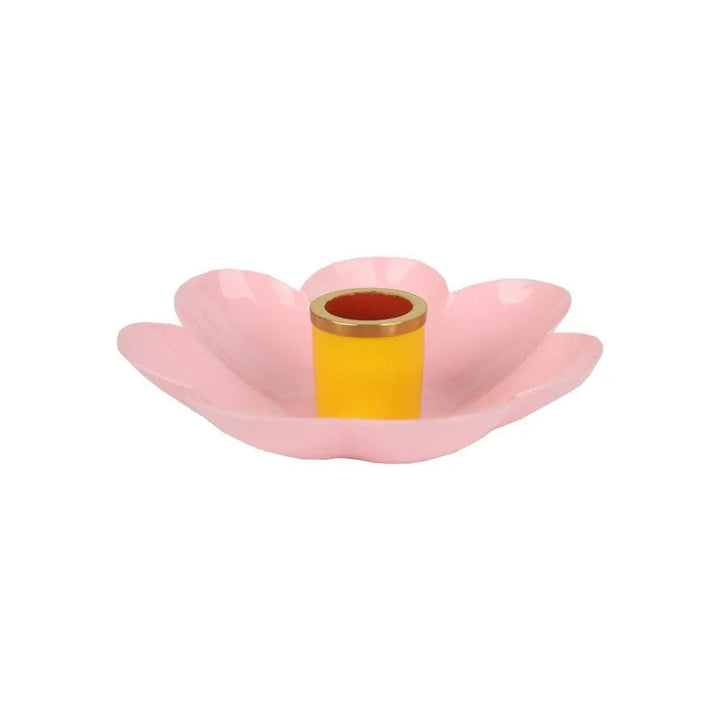 3 x Enamel Flower Shaped Candle Holders - Pastel Pink, Yellow & Blue Bloom Candlesticks - Retro Table Decor - Spring Party Supplies - Jolie Fete UK