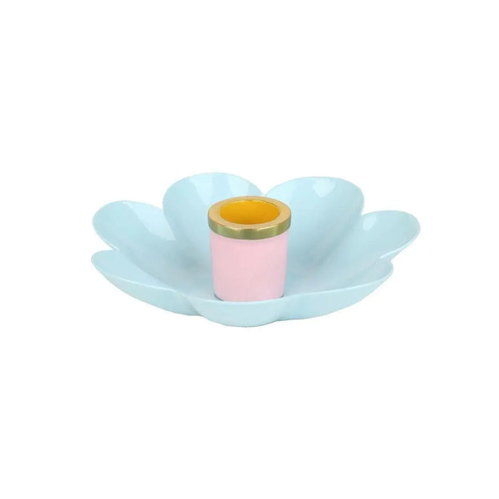 3 x Enamel Flower Shaped Candle Holders - Pastel Pink, Yellow & Blue Bloom Candlesticks - Retro Table Decor - Spring Party Supplies - Jolie Fete UK