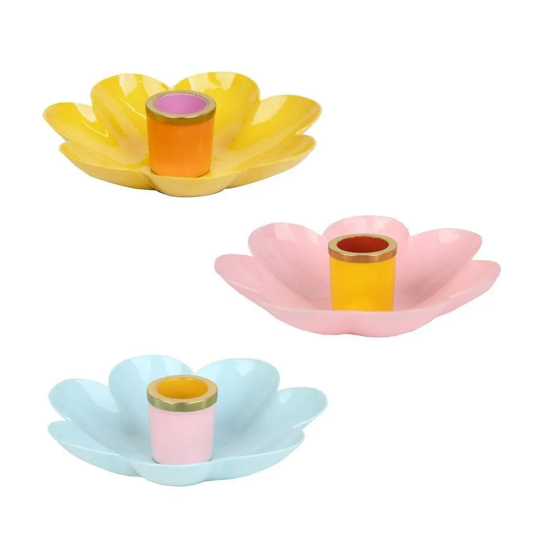 3 x Enamel Flower Shaped Candle Holders - Pastel Pink, Yellow & Blue Bloom Candlesticks - Retro Table Decor - Spring Party Supplies - Jolie Fete UK