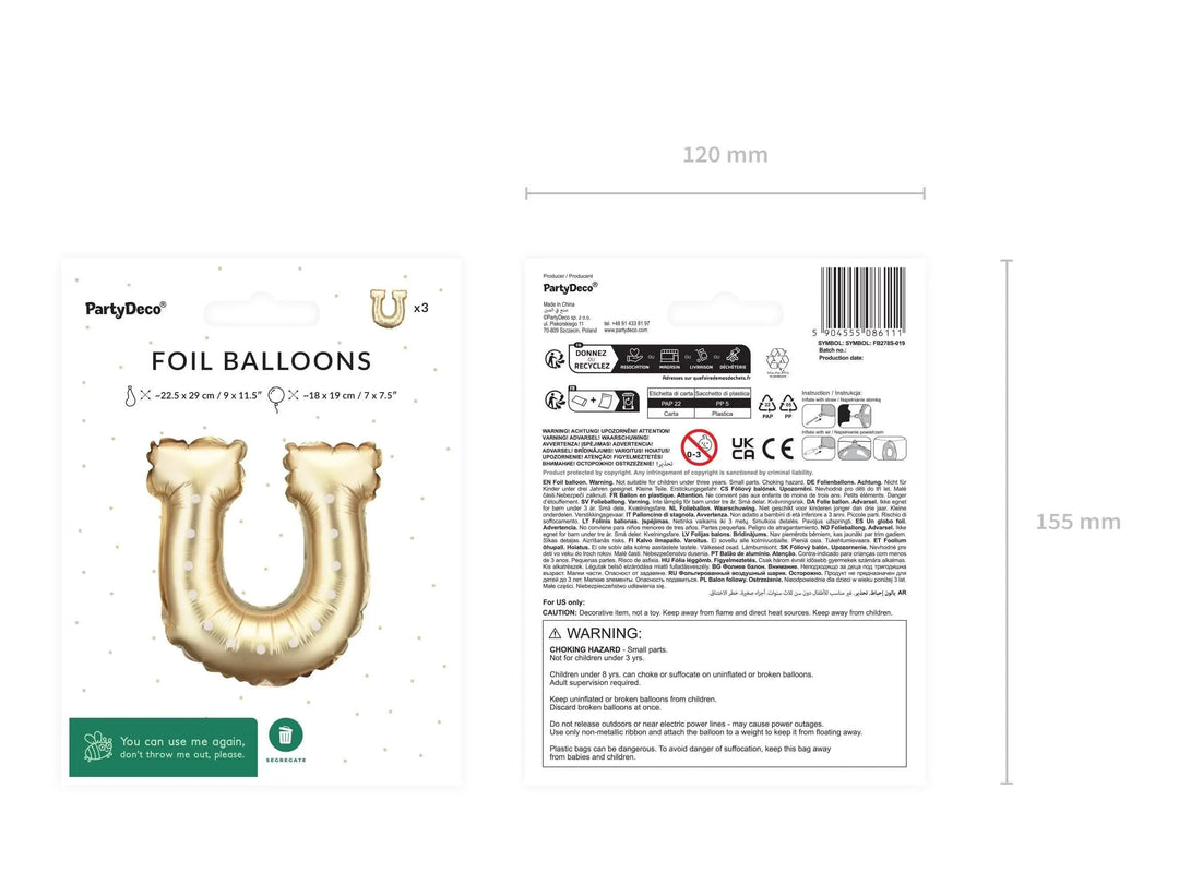 3 x Gold Horseshoe Balloons - Horse Foil Balloon - Horse Party Balloons - Birthday Party Decorations - Western Party Theme - Farm Party - Jolie Fete UK