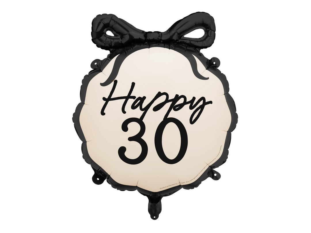 30th Birthday Balloon – Black & Cream Happy 30 Foil Balloon - Coquette Theme With Scallop Edge And Bow - Inflate With Helium Or Air - Jolie Fete UK