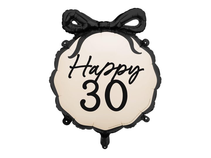 30th Birthday Balloon – Black & Cream Happy 30 Foil Balloon - Coquette Theme With Scallop Edge And Bow - Inflate With Helium Or Air - Jolie Fete UK