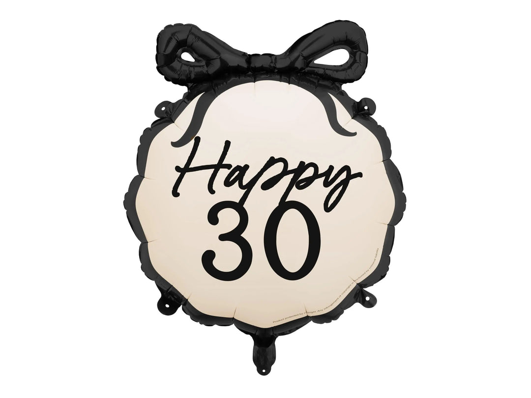 30th Birthday Balloon – Black & Cream Happy 30 Foil Balloon - Coquette Theme With Scallop Edge And Bow - Inflate With Helium Or Air - Jolie Fete UK