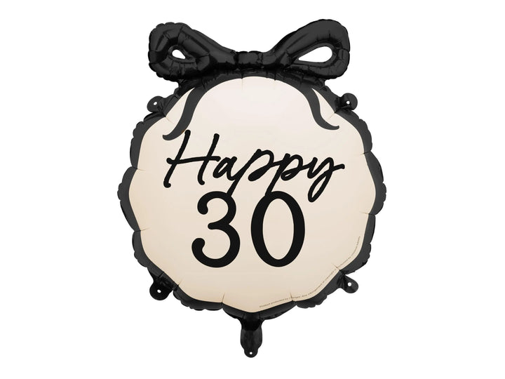 30th Birthday Balloon – Black & Cream Happy 30 Foil Balloon - Coquette Theme With Scallop Edge And Bow - Inflate With Helium Or Air - Jolie Fete UK