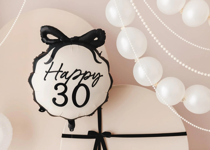 30th Birthday Balloon – Black & Cream Happy 30 Foil Balloon - Coquette Theme With Scallop Edge And Bow - Inflate With Helium Or Air - Jolie Fete UK