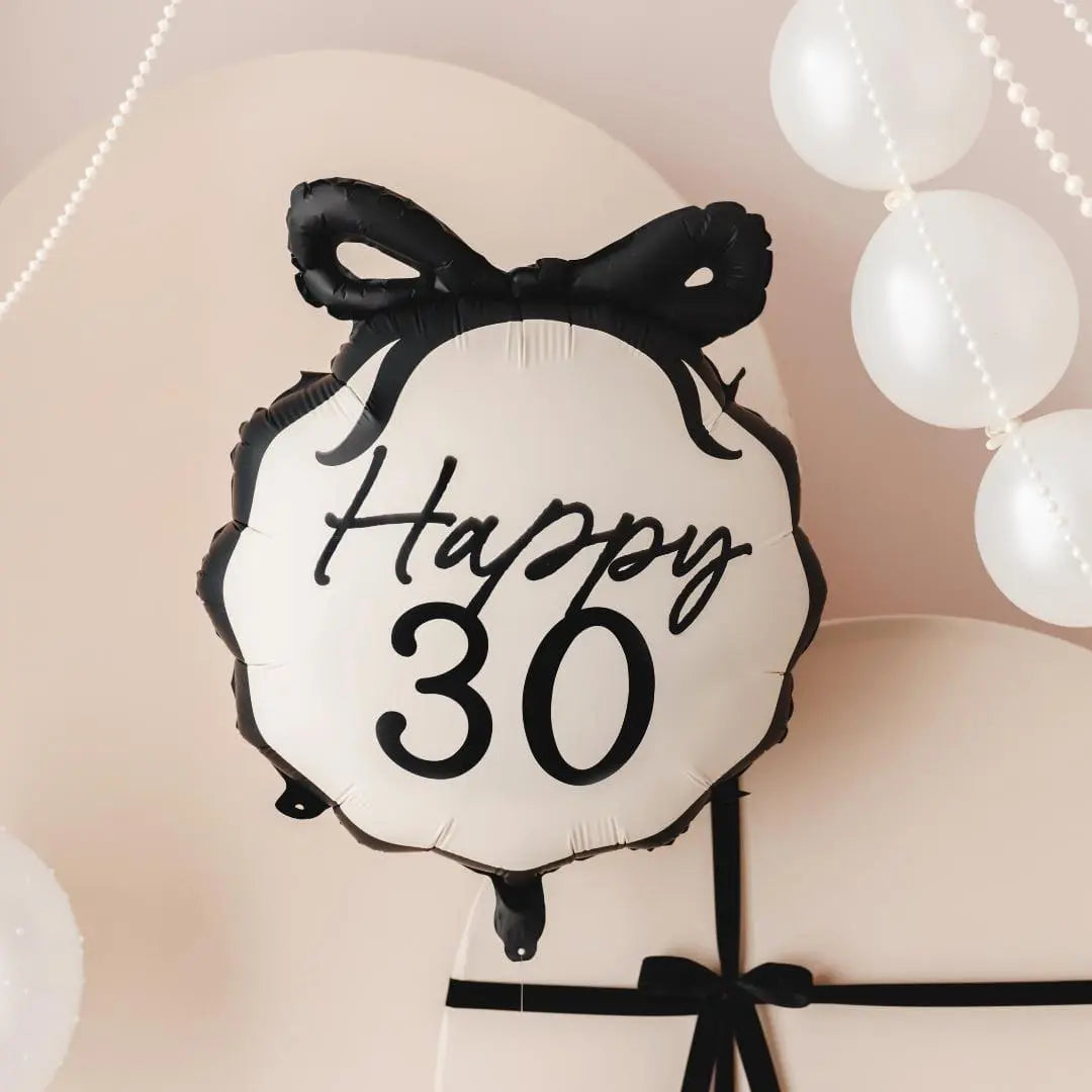 30th Birthday Balloon – Black & Cream Happy 30 Foil Balloon - Coquette Theme With Scallop Edge And Bow - Inflate With Helium Or Air - Jolie Fete UK