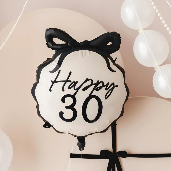 30th Birthday Balloon – Black & Cream Happy 30 Foil Balloon - Coquette Theme With Scallop Edge And Bow - Inflate With Helium Or Air - Jolie Fete UK