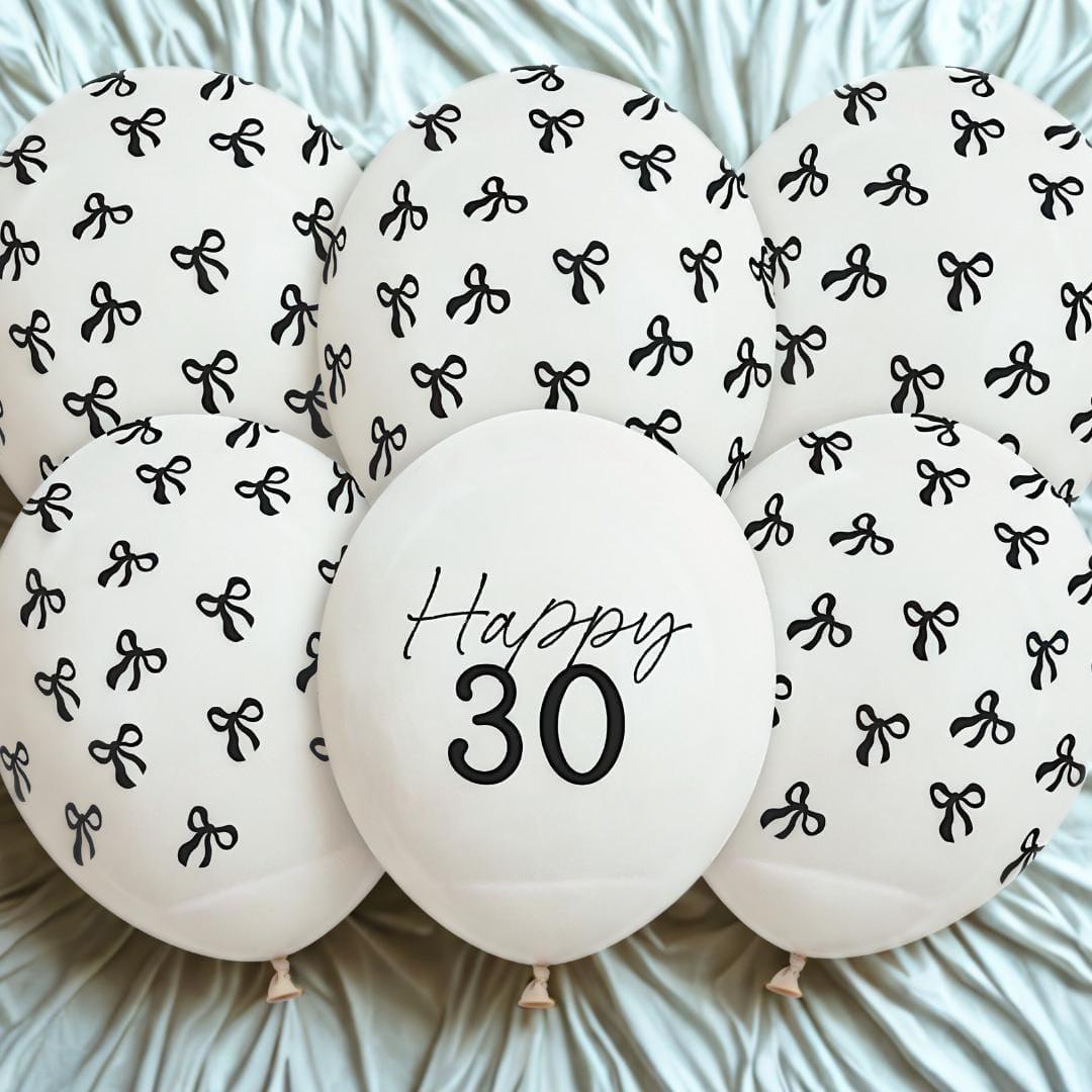 30th Birthday Balloons - Black Bows & Off White Happy 30 Balloon Pack - Coquette Theme - Inflate With Helium Or Air - Pack Of 6 - Jolie Fete UK