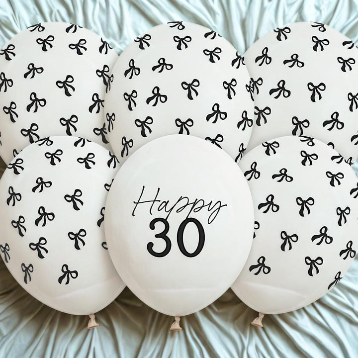 30th Birthday Balloons - Black Bows & Off White Happy 30 Balloon Pack - Coquette Theme - Inflate With Helium Or Air - Pack Of 6 - Jolie Fete UK