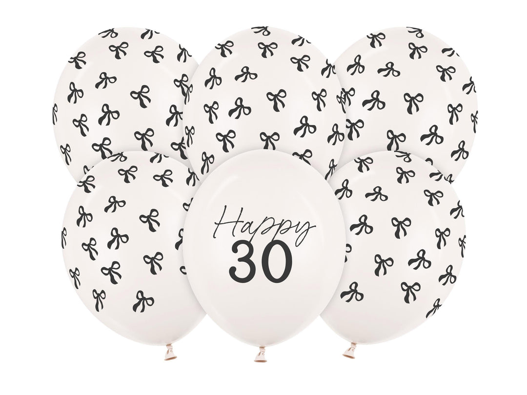 30th Birthday Balloons - Black Bows & Off White Happy 30 Balloon Pack - Coquette Theme - Inflate With Helium Or Air - Pack Of 6 - Jolie Fete UK