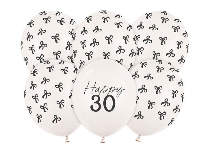 30th Birthday Balloons - Black Bows & Off White Happy 30 Balloon Pack - Coquette Theme - Inflate With Helium Or Air - Pack Of 6 - Jolie Fete UK