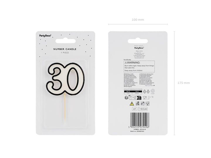 30th Birthday Cake Candle – Milestone Number Candle - Monochrome Black & White - Modern Cake Topper For 30 Birthday Party - Cake Decoration - Jolie Fete UK