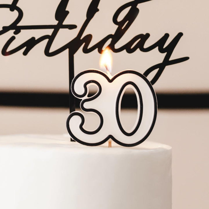 30th Birthday Cake Candle – Milestone Number Candle - Monochrome Black & White - Modern Cake Topper For 30 Birthday Party - Cake Decoration - Jolie Fete UK