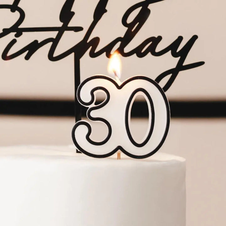 30th Birthday Cake Candle – Milestone Number Candle - Monochrome Black & White - Modern Cake Topper For 30 Birthday Party - Cake Decoration - Jolie Fete UK