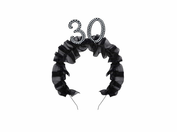 30th Birthday Headband – Black Ruffle Hairband With Pearl 30 - Luxury Birthday Crown for Thirtieth Birthday - Elegant Party Accessory - Jolie Fete UK